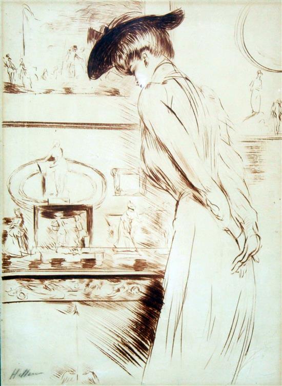 Paul Cesar Helleu (French, 1859-1927) Woman standing before a mantel piece, 15.25 x 11.25in.